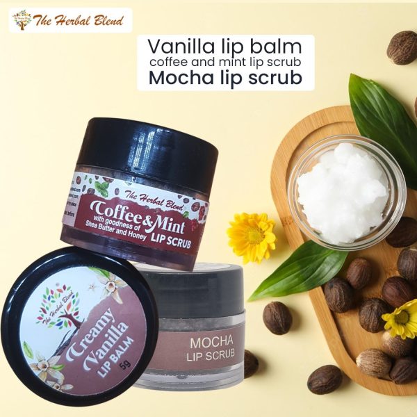 Vanilla Lip Balm (Nude Shade) + Coffee and Mint Lip Scrub + Mint Lip Scrub