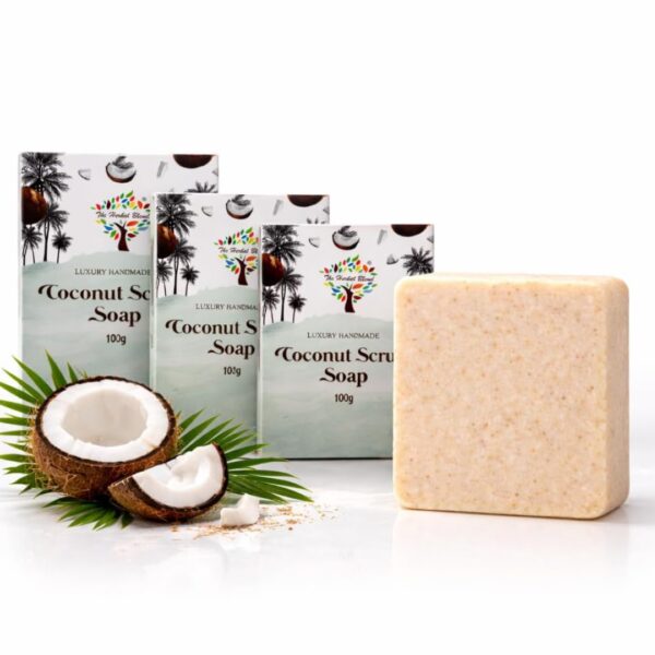 Coconut Scrub Bathing Bar (Pack of 3, 100g Each) – Enriched with Grated Coconut, Goat Milk, Almond & Jojoba Oils | Vitamin E Infused | Gentle Exfoliation for Smooth, Glowing Skin | Ideal for Dry & Sensitive Skin | Paraben & Sulfate Free