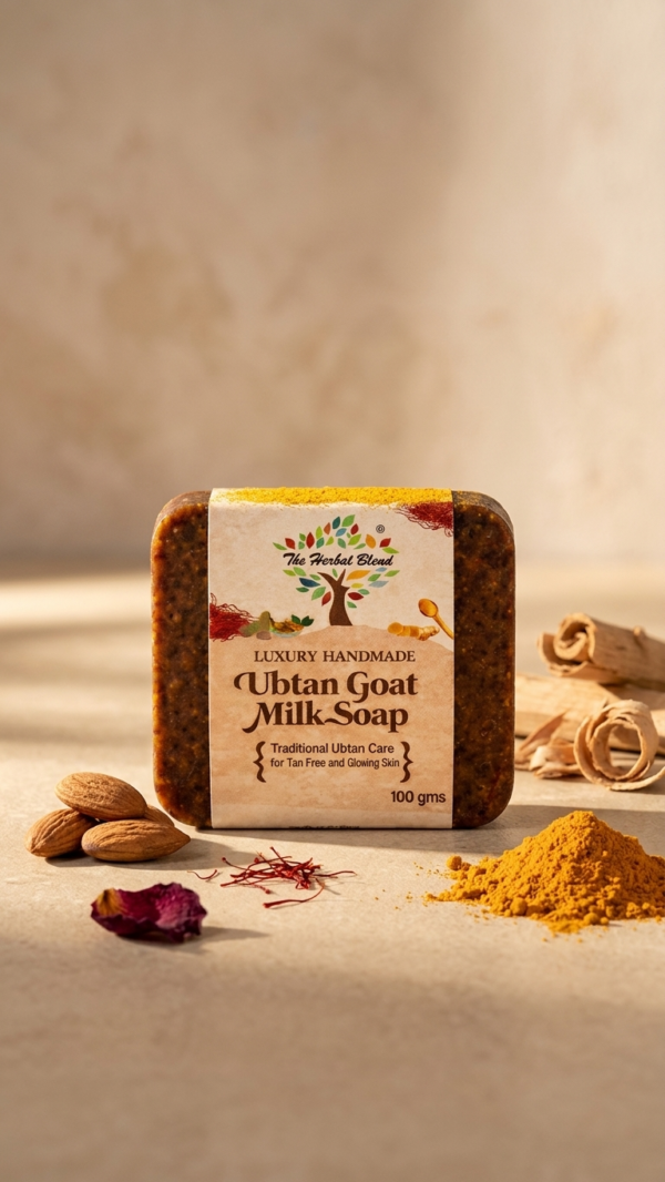 The Herbal Blend Ubtan Goat Milk Soap 100g | Handmade Natural Bath Soap with Saffron, Neem, Sandalwood & Rose | For Tan Removal, Gentle Exfoliation & Glowing Skin | Pack of 1 100gms