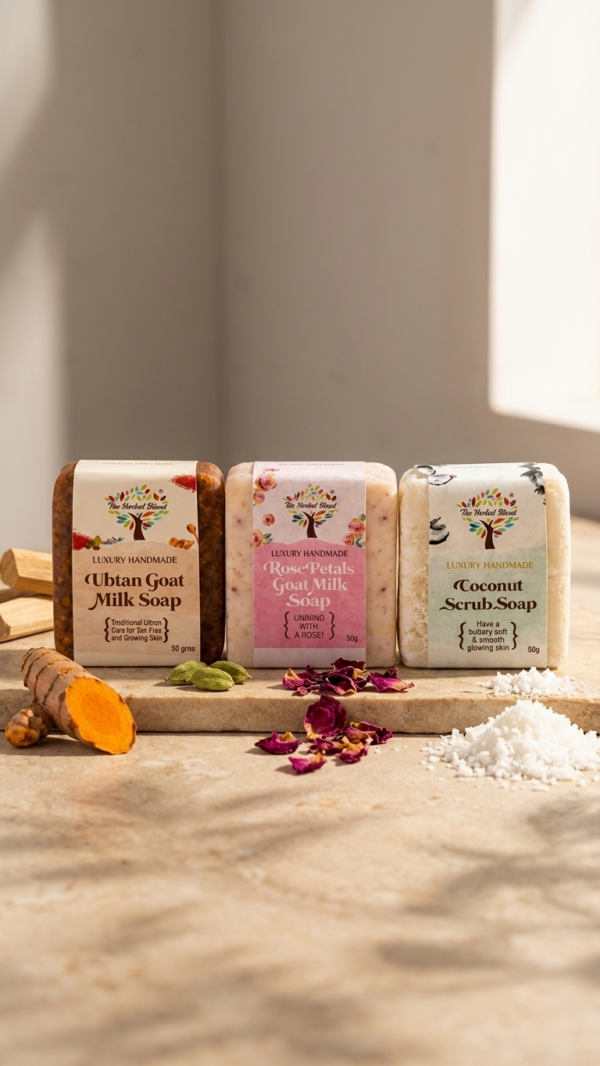 The Herbal Blend Soap Combo Pack of 3 | Coconut Scrub, Ubtan & Rose Goat Milk Soap Bars | Handmade Natural Bath Soap for Exfoliating, Moisturising; Glowing Skin | 50g Each