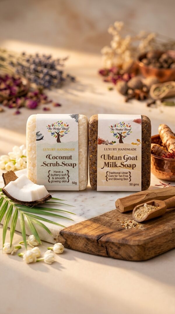Soap Combo Pack of 2 | Coconut Scrub Soap & Ubtan Goat Milk Bathing Bar | Handmade Natural Bath Soap for Soft, Smooth & Glowing Skin | 50g Each